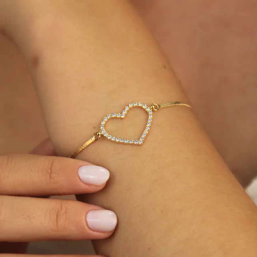 Pulseira Fita Diamantada com Coração Cravejado