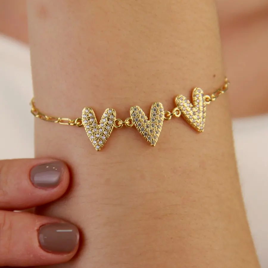 Pulseira 3 Corações Cravejados 