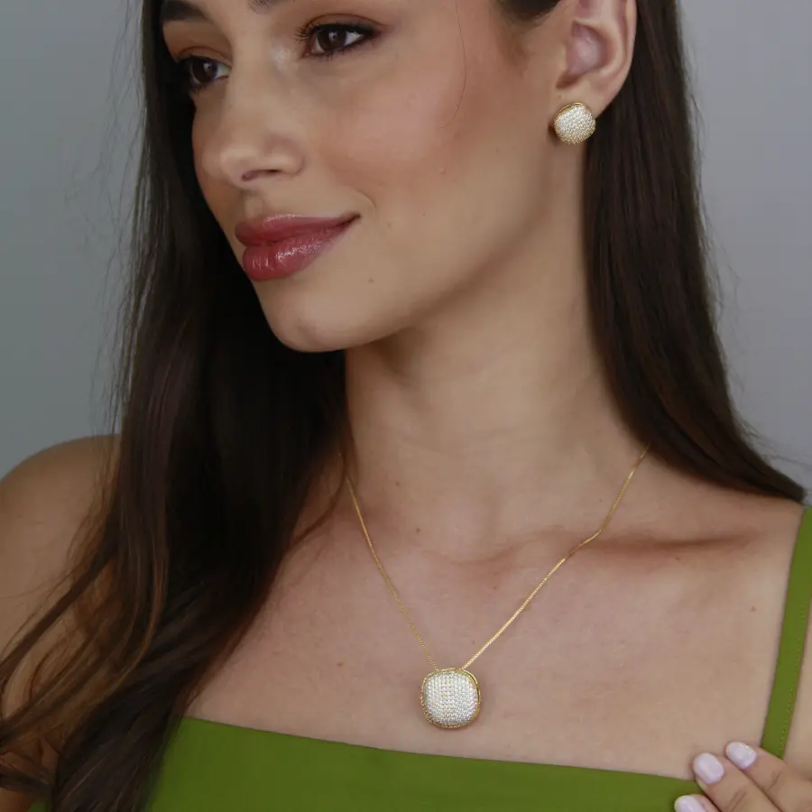 Conjunto Brinco e Colar Inspiração Cravejado