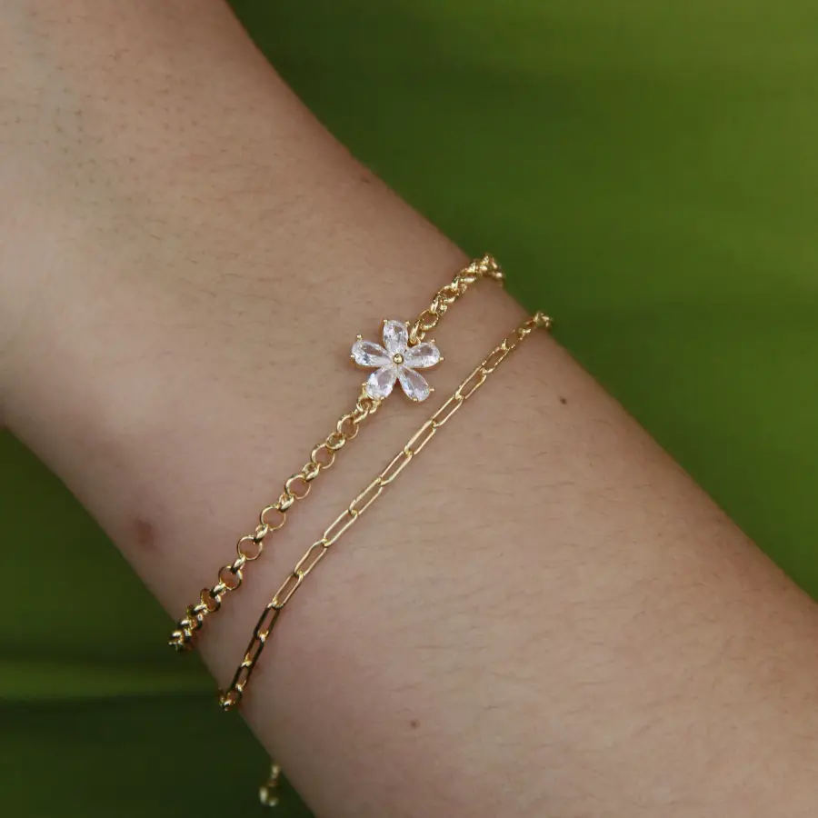 Pulseira Dupla com Flor Cravejada 